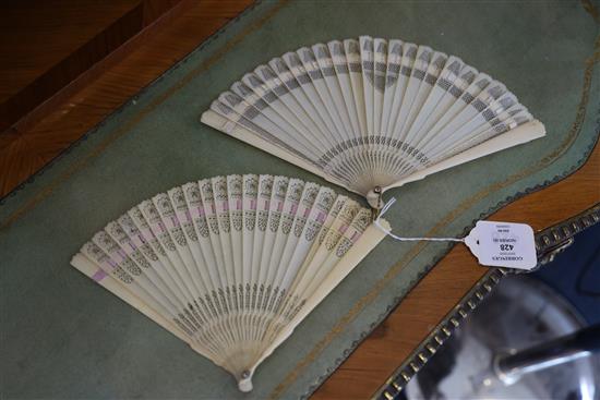 A group of 19th century ivories to include three late Georgian mounted toothpick cases, two brise fans and a Japanese okimono, fans 17c